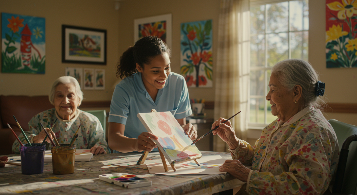 Caring staff member helping elderly residents with creative art activities and painting
