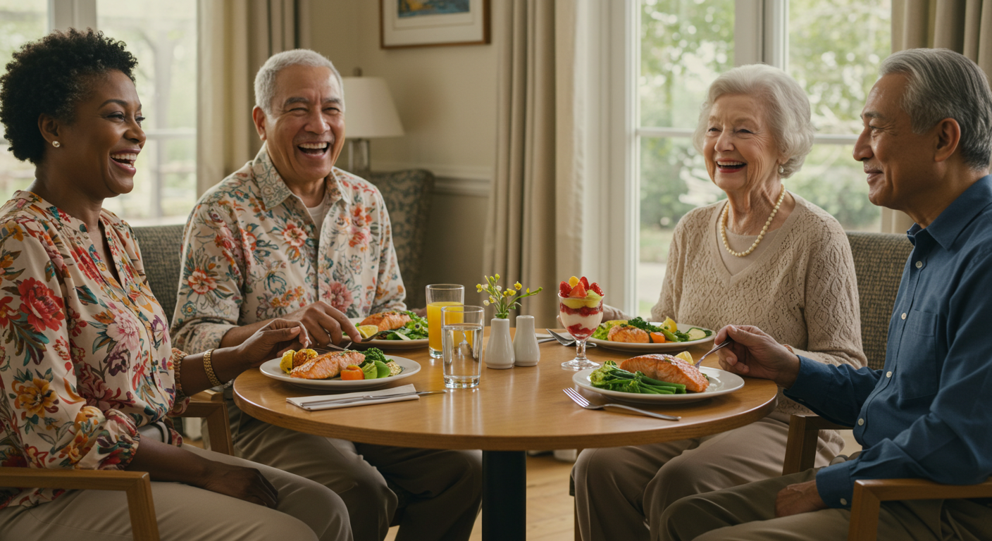Diverse group of elderly residents enjoying a meal together in bright, welcoming dining room