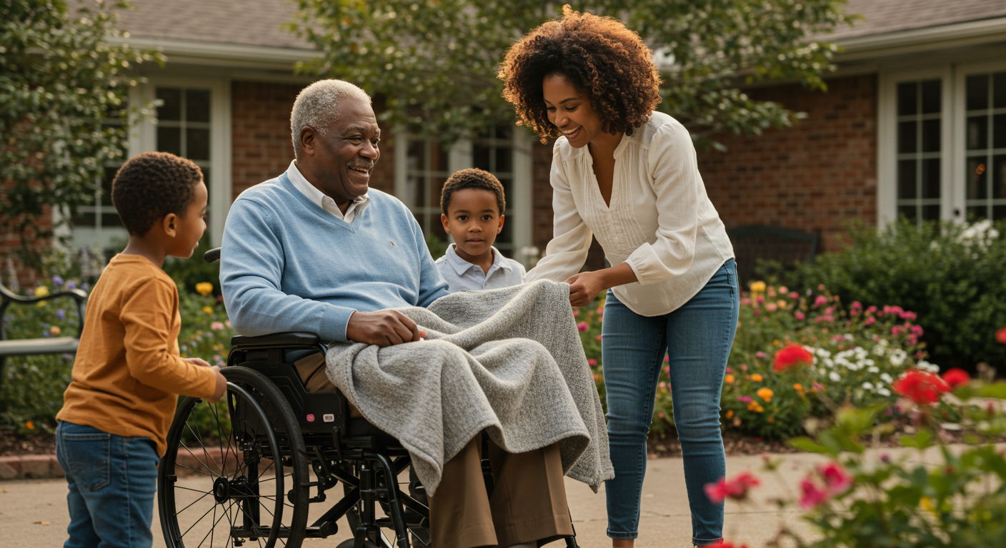 Multi-generational family enjoying quality time together in beautiful outdoor garden setting