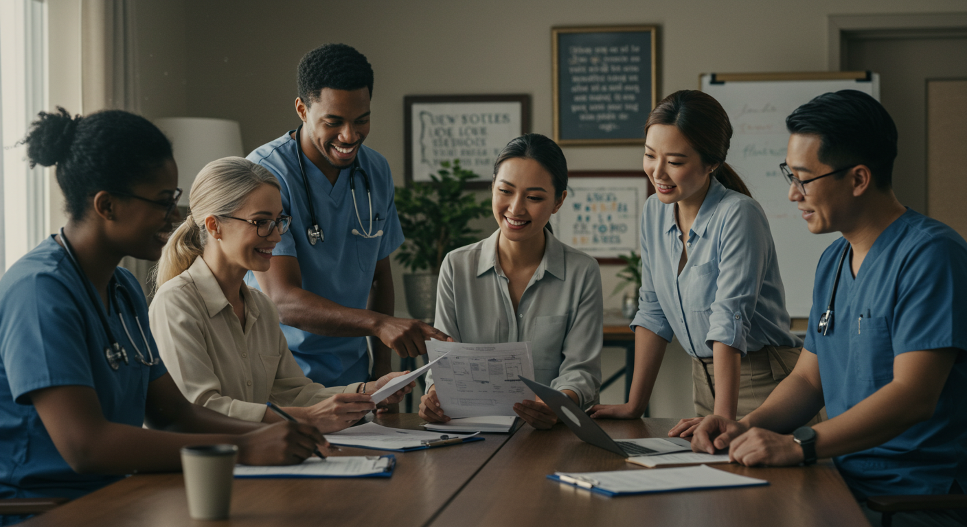 Diverse healthcare team collaborating and reviewing care plans in professional medical setting