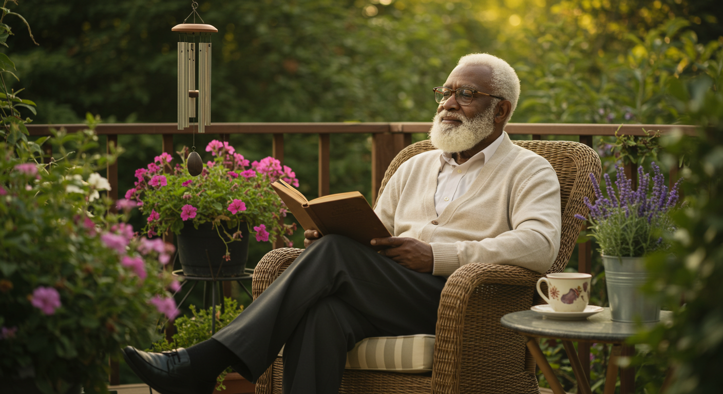 Elderly gentleman peacefully reading in beautiful garden setting with flowers and comfortable seating