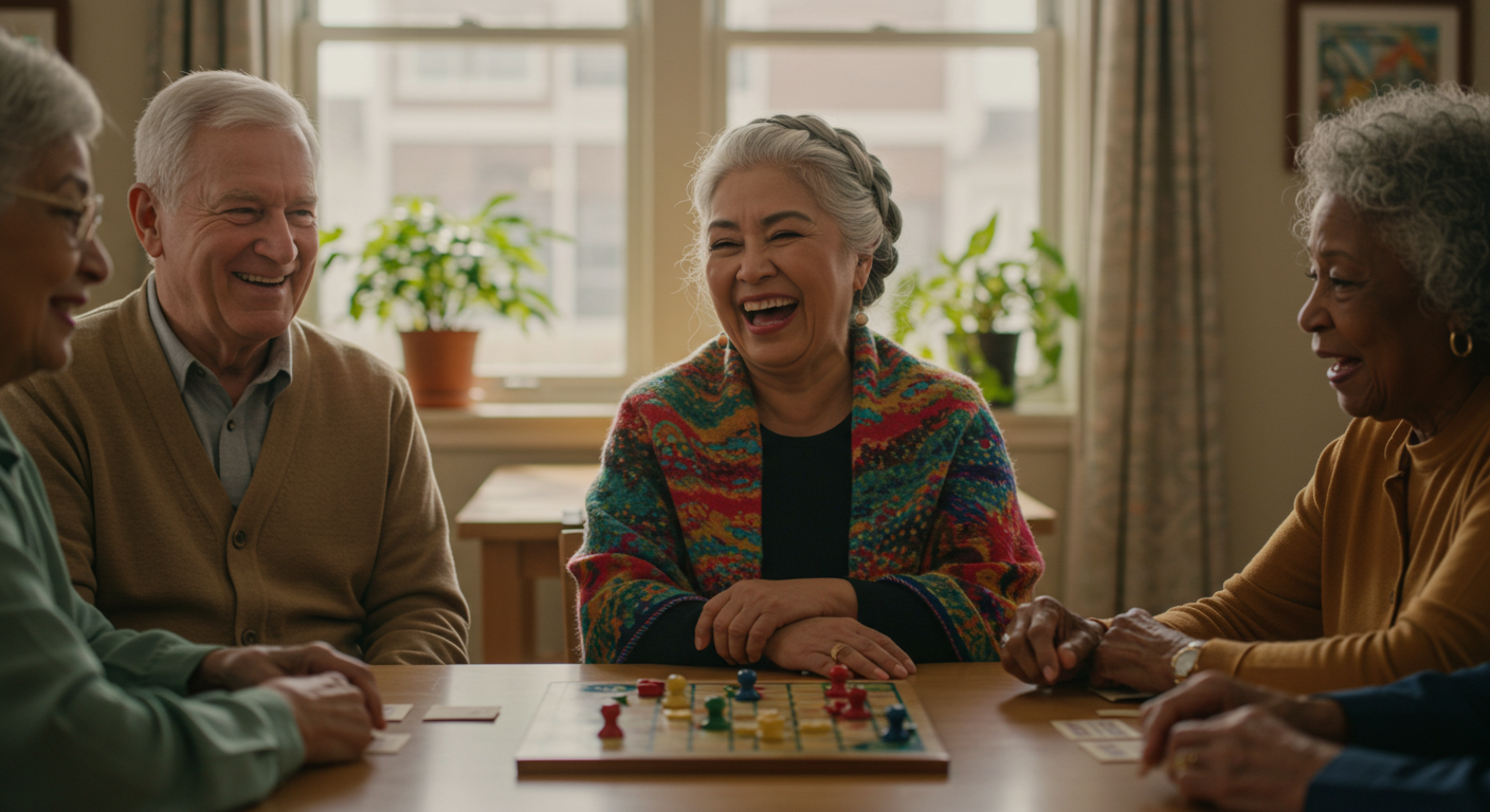 Diverse group of elderly residents enjoying social activities and games together