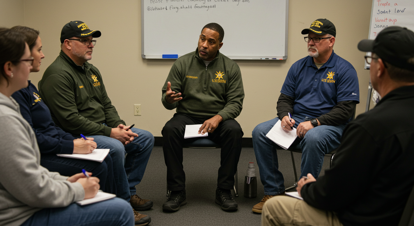 Veterans participating in supportive group therapy and peer counseling session